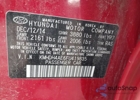 2015 Hyundai Elantra Se из США, поврежденный, VIN KMHDH4AE6FU419835